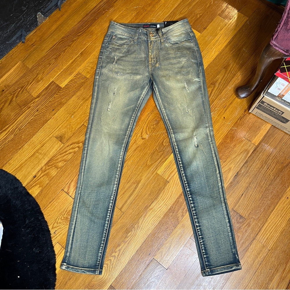 Mystiq Gold Wash Metallic Vintage Skinny Jeans Size 7